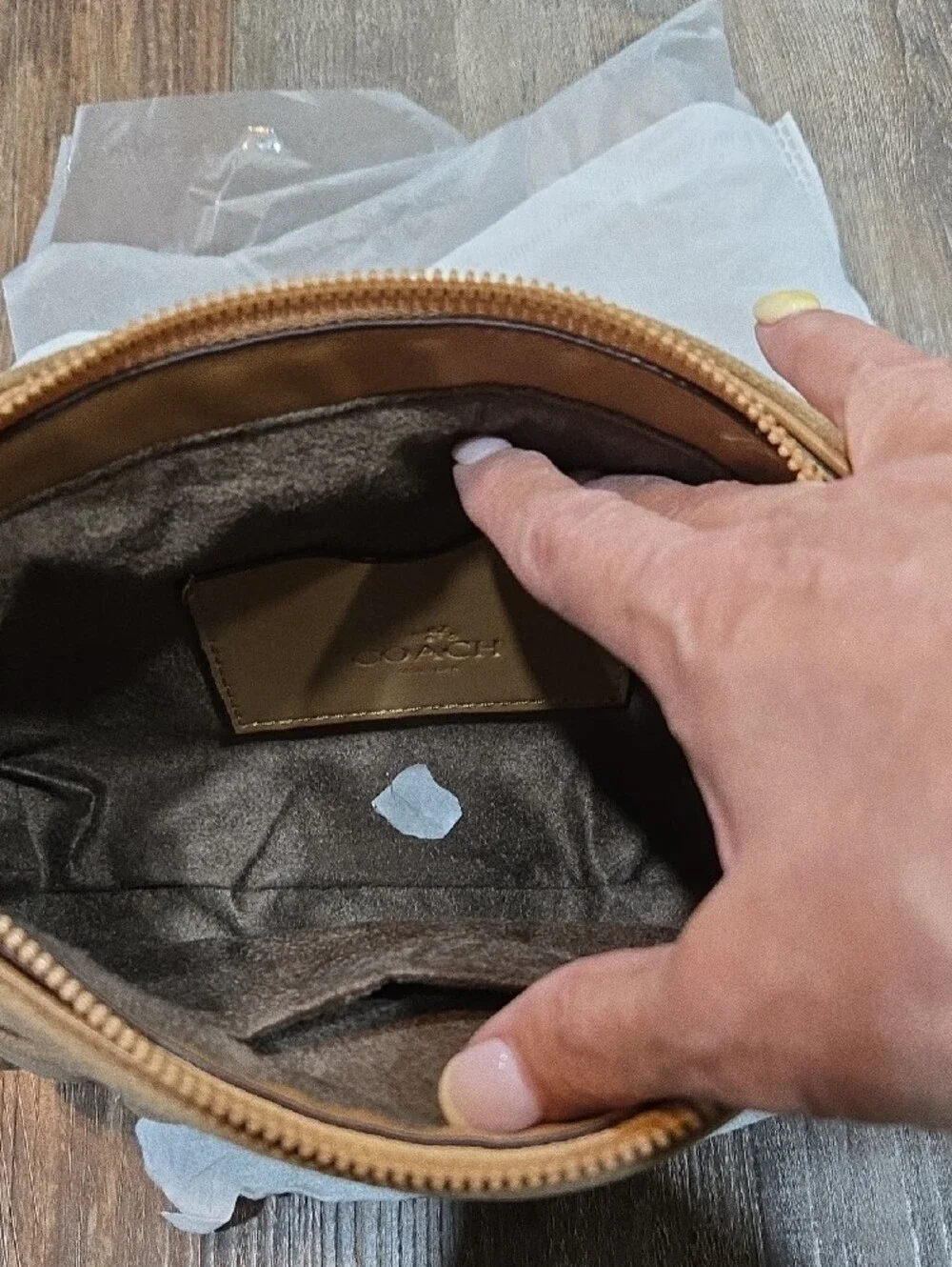 COACH Tan Suede Small Crossbody Bag with Gold Logo